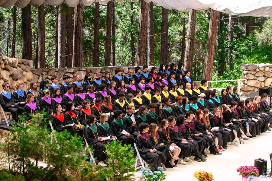 Wide shot of a graduation ceremony seated among redwood trees